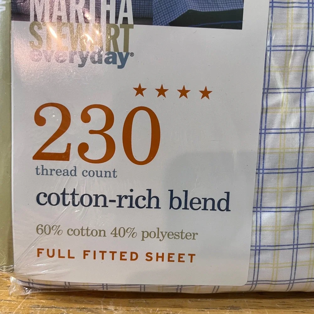 Vtg Martha Stewart Everyday Full Fitted Sheet 230 TC Plaid Blue Yellow 2000 NEW